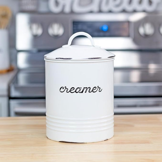 AuldHome Design Enamelware White Creamer Canister; Rustic Distressed Style Coffee Accessory Storage for Kitchen