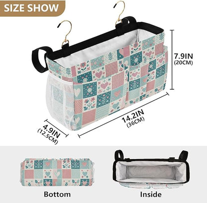 Jihqo Bedside Caddy Hanging Storage Bag Gingham Floral Bedside Organizer Caddy for Bunk, Dorm Room, Hospital Beds - Place Magazines / Remotes / Keys