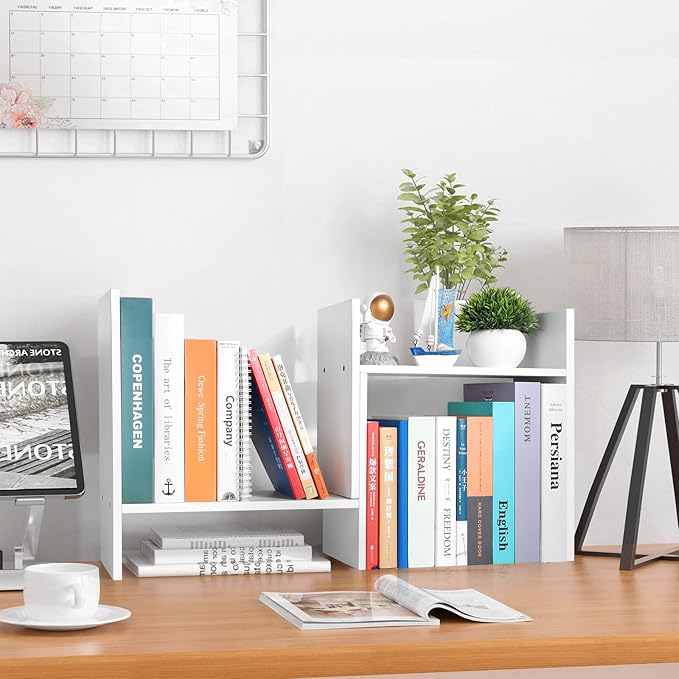 Desktop Shelf Organizer - Adjustable Wood Desktop Bookshelf, Table Top Shelves, Desk Book Organizer for Office Supplies and Home Décor (White)