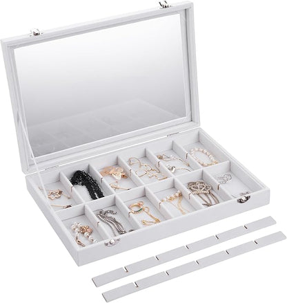 Frebeauty Jewelry Organizer Tray with Clear Lid 24 Grid Velvet Drawer Insert Jewelry Storage box with Transparent Glass lid Jewelry Display Case with Lock Gifts for Girls Women (White, 24 Grid)