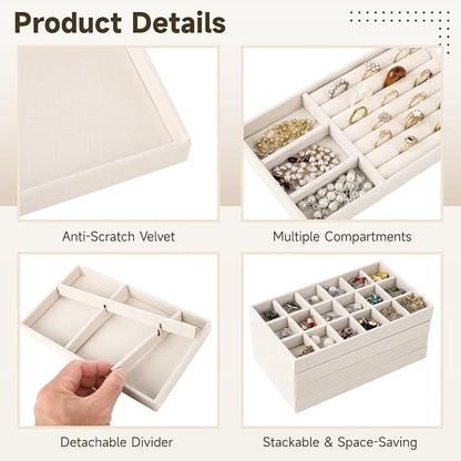 8 Pcs Jewelry Drawer Organizers, Velvet Jewelry Trays for Drawer, Stackable Jewelry Trays Ideal for Rings, Earrings, Bracelets, Necklaces, Grey (Beige)