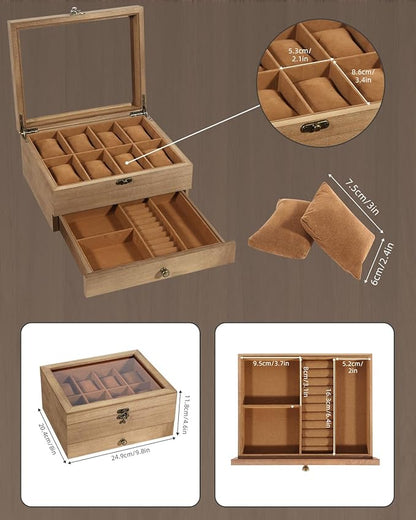 Uten 8-Slot Watch Box, 2-Layers Solid Wood Watch Display Case with Glass Lid, Watch Holder Organizer with Soft Pillow and Velvet Lining, Watch and Jewelry Storage Box, Browm