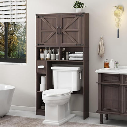 Vabches Over The Toilet Storage Cabinet, Farmhouse Storage Cabinet Over Toilet with 2 Barn Doors && Toilet Paper Holder Stand，Home Space-Saving Toilet Rack, for Laundry, Restroom, Bathroom.(Espresso)