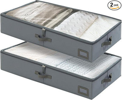 PLUMGEAN 6-Inch Under Bed Storage Containers (2-Pack) | Sturdy Sidewalls | Clear Cover & Label Holder | Foldable Fabric Closet Bin Organizer | Stores Clothing/Blankets/Sweaters/Sheets