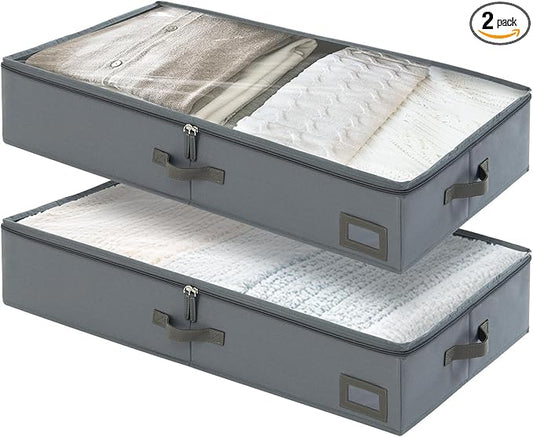 PLUMGEAN 6-Inch Under Bed Storage Containers (2-Pack) | Sturdy Sidewalls | Clear Cover & Label Holder | Foldable Fabric Closet Bin Organizer | Stores Clothing/Blankets/Sweaters/Sheets