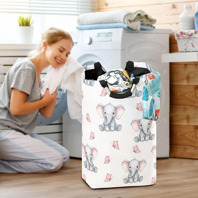 Laundry Hamper Basket Elephant Butterfly White Storage Basket Collapsible Laundry Bag with Handle Decorative Blanket Basket for Dirty Clothes Living Room Bathroom