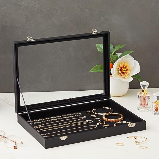 Juvale Black Velvet Jewelry Display Case Tray - 13.75 x 9.5 x 2 In - Glass Top Jewelry Box & Organizer