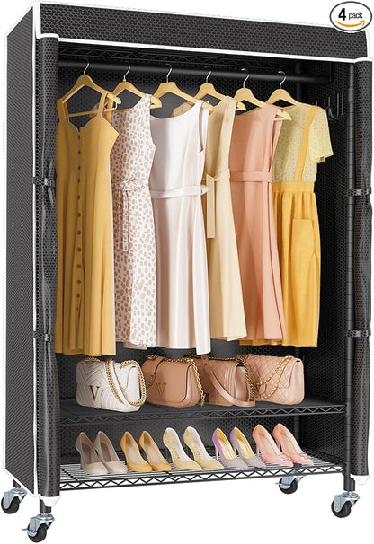 VIPEK R3C Rolling Clothes Rack with Cover Portable Closet for Hanging Clothes, Heavy Duty Garment Rack Freestanding Racks with Wheels&Side Hooks, Black Rack with Black Upgraded Polyester Cover