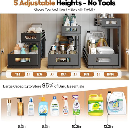 1-Pack Under Sink Organizers and Storage,2-Tier L Shape Pull Out Cabinet Organizer With Round Tube Slide Rails,Hight Adjustable Slide Out Drawers for Kitchen&Bathroom,Multi-Purpose Storage Shelf-Black