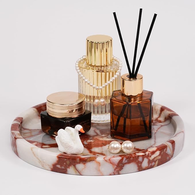 LWALMS Marble Perfume Jewelry Tray - Stone Trinket Ring Key Purse Holder Dish, Round Plate Decorative Bowl for Nightstand Entryway Coffee Table Decor (7.9 inch)