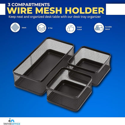 1InTheOffice Desk Baskets and Organizers Tray, Black Mesh Tray, Black Wire Mesh, 3-Compartment Stackable