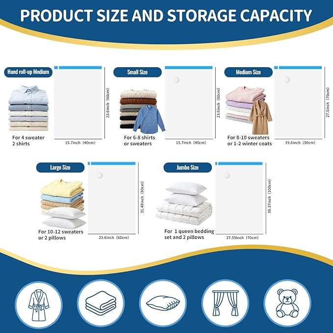 ZoeEnjoyLife Vacuum Storage Bags for Clothing Travel,12 Pack Vacuum Bags with Pump,Space Saver Bag for Clothes Travel & Home(2 Roll Up Bags,3 Small,3 Medium,2 Large,2 Jumbo)