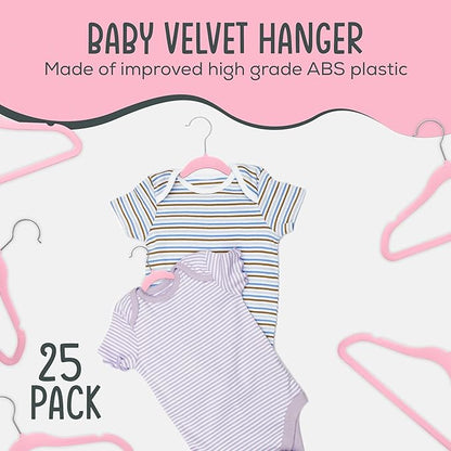 TechZoo 25 Premium Baby Velvet Hangers - 11.8 Inches Non-Slip & Ultra-Slim Baby Hangers for Space-Saving & Children Clothes - 360 Swivel Hook, Strong & Durable Infant & Toddler Clothes Hanger - Pink