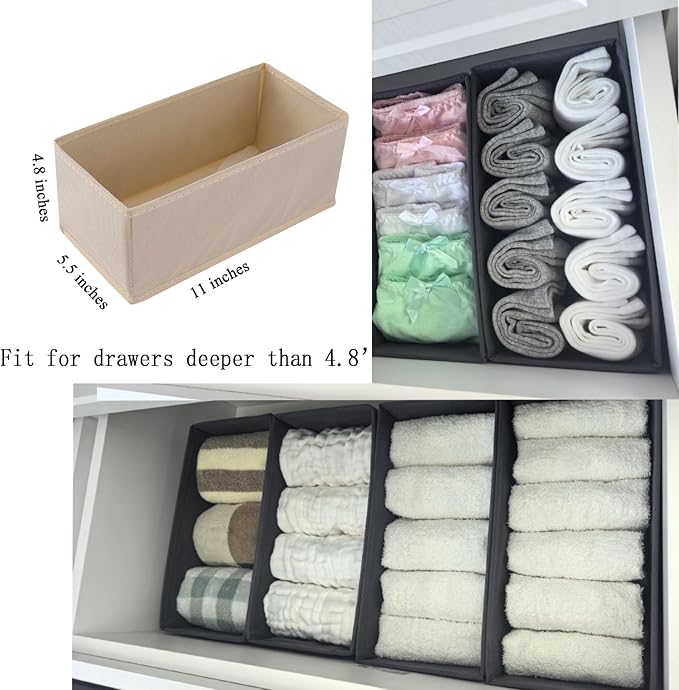 Drawer Organizer Set of 3 Pack Beige, 11"x5.5"x4.8" Foldable Storage Boxes, Underwear Socks Dividers for Dresser Closet Wardrobe Bra Panty Leggings
