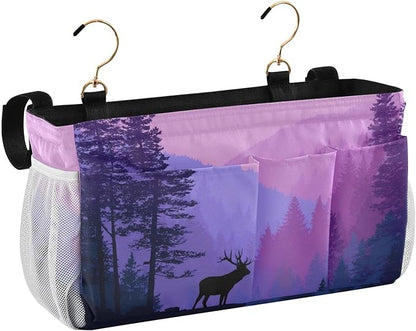 CuwrYet Bedside Caddy Hanging Bunk Bed Caddy Bed Organizer Hanging Pocket with 2 Hooks Bedside Storage Organizer Pocket Bag Holder Purple Stag Mountains and Forest