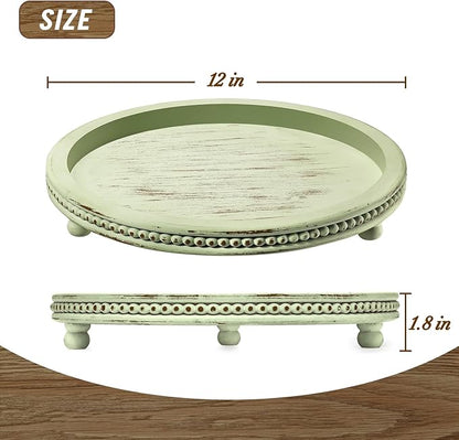 KULEDM Handmade Wooden Decorative Tray, Small Beaded Coffee Table Tray Decor, Sage Round Serving Tray for Coffee Table, Dining Room Table Entryway and Living Room Table