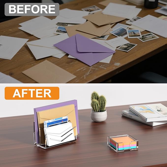 Beego Envelope and Mail Organizer Countertop - 2 Compartments Clear Acrylic Desk Organizer Letter Holder Desktop File Sorter Bill Document Folder Rack for Office, Home, School Desk Organization