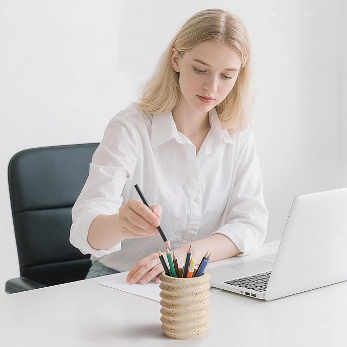 WORHE Pen Holder Stand for Desk, Natural Travertine Stone Makeup Brush Holders, Modern and Functional Pencil Cup for Office Supplies Tableware Organizer for Home Decor School Beige (PH90110)