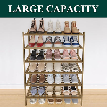 Smiry Bamboo Shoe Rack 6-Tier, Stackable Wooden Shoe Organizer for Entryway & Closet, Free Standing Wood Shoe Storage Shelf for Front Door & Small Spaces, Walnut