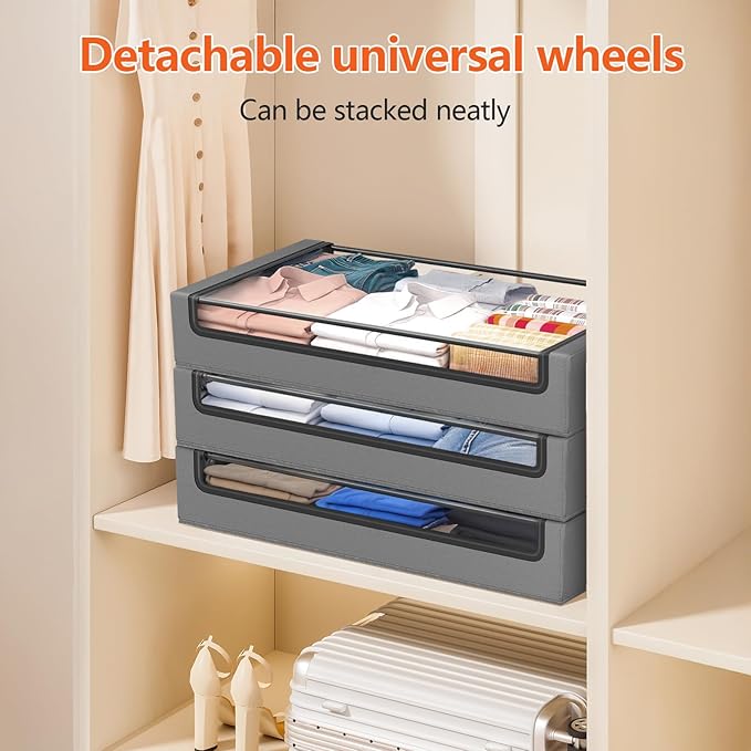 Under Bed Storage Containers with Wheels - Foldable Organizer Bins for Blankets, Clothes, Shoes, Toys, and Comforters.Capacity, Space Saving, Easy Pull Out, Clear PVC (Gray-1)