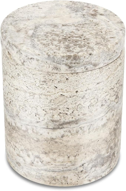 N NANSHOP Natural Marble Canister, Cotton Swab Holder with Lid, High Capacity Bathroom Qtip Holder Storage for Cotton Swab, Floss Picks, Makeup Pad, Bath Salt, Gray Travertine(NS017)