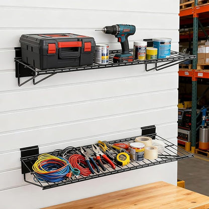 20PCS Slatwall Accessories Set, Includes 2 Pack Slatwall Wire Shelves (24 inches Width) and 18 Pack Heavy Duty Multisize Slatwall Hooks for Garage Organization, Retail Display (24 Inch)