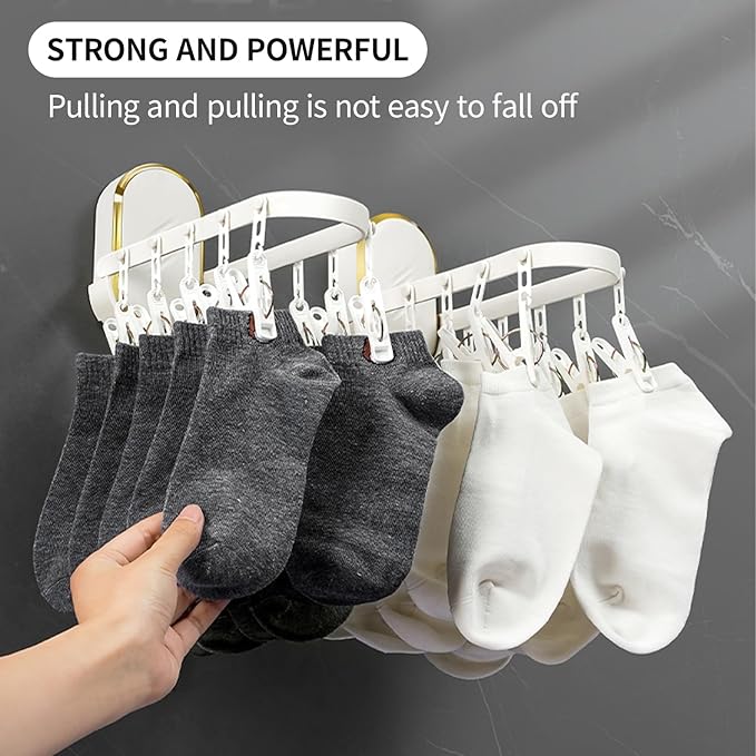 Wall-Mounted Foldable Laundry Rack with 11 Built-in Clips - Space-Saving Retractable Clothes Drying Organizer for Socks/Underwear, No Extra Hangers Needed, Collapsible Design for Bathroom/Balcony