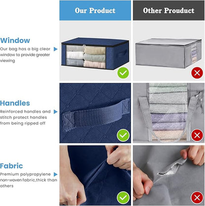 HomeHacks Storage 8-Pack Clothes Organizer Storage Bags Foldable Storage Box with Large Clear Window Sturdy Handles for Closet, Dorm, Pillows, Bedding, Clothes, Blankets, 35L, Blue
