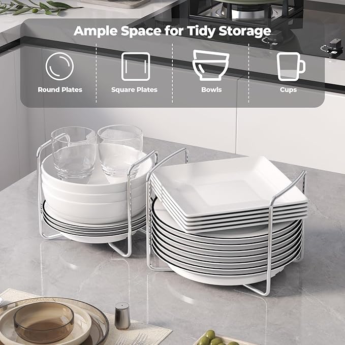 Adjustable Dish Rack for Kitchen Counter - Bamboo Plate Holder Organizer for Cabinet Wooden Bowl Organizer Stainless Steel Plate Stand Storage for Kitchen Drawer Countertop Cupboard Shelf RV