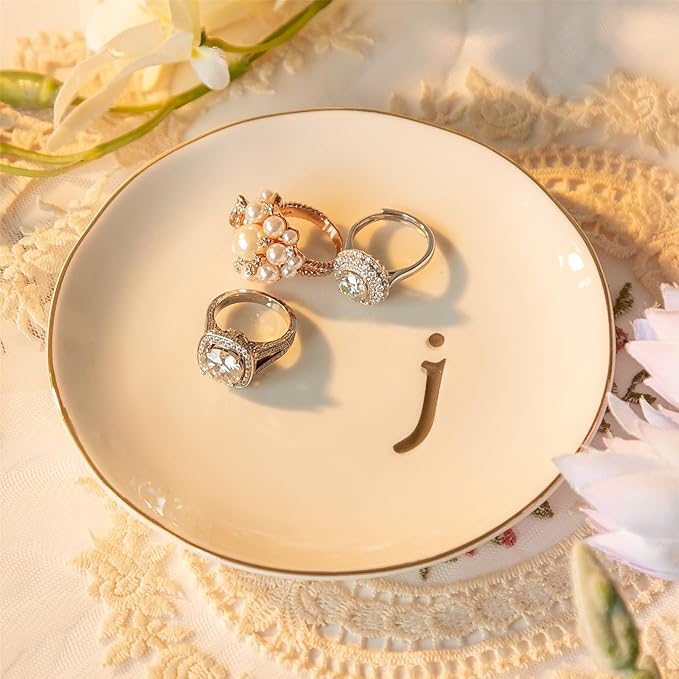 COMMGOAL Ceramic Ring Holder for Jewelry, Jewelry Tray, Ring Dish, Aesthetic Room Decor, Engagement Gifts Bride Gifts Wedding Gifts for Women, White, 4.75"(J)