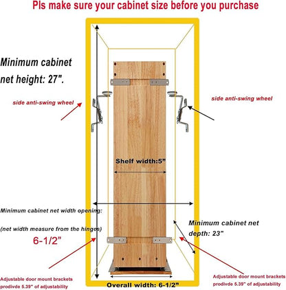 DINDON Pull Out Spice Rack Cabinet Organizer, (5" W x 21.9" D x 25.2" H) Multi-Use Soild Wood Pull Out Cabinet Organizer With 4 Movable Stainless Steel Cutlery Storage Buckets for Kitchen Organization