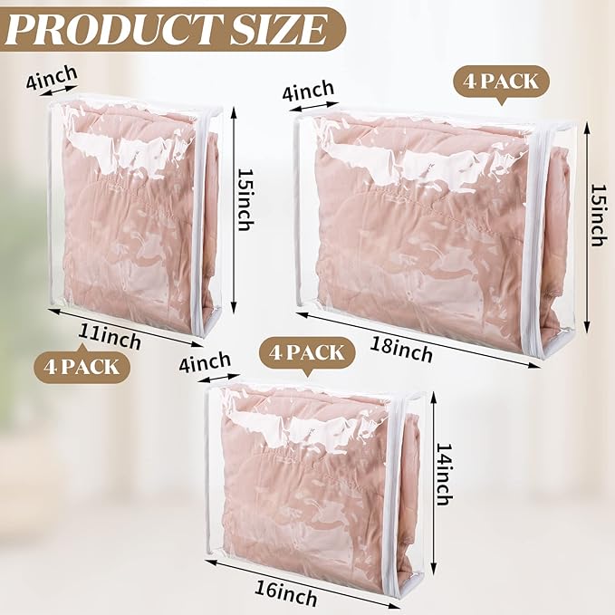 Sotiff 12 Pcs Clear Vinyl Storage Bag with Zipper 3 Sizes Durable Zippered Sweater Storage Bags Large Capacity Clothes Organizer Avoid Dust Dirt for Clothing Bedding Blankets Comforters Organize