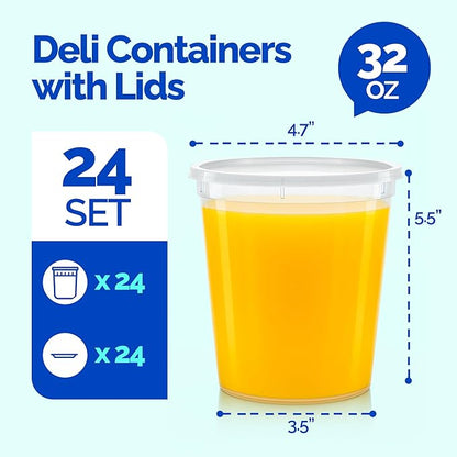 Healthy Packers 32 oz Plastic Containers with Lids for Food (24 pack) - Food Storage & Soup Clear Plastic Deli Cups - BPA Free | Leakproof - Microwaveable - Reusable - Dishwasher & Freezer Safe