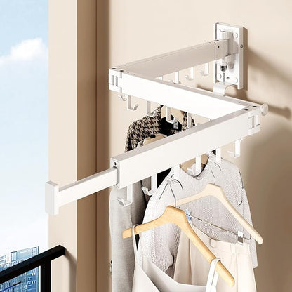 Wall Mounted Collapsible Clothes Drying Rack, Space-Saving Laundry Drying Rack Clothing Hanger, Durable Foldable Design Extends Left, Right & Up for Upgraded Versatility