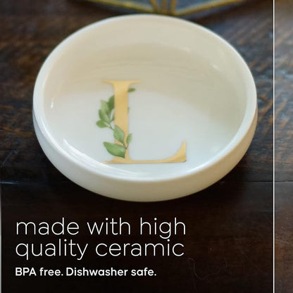 Trinket Tray Jewelry Dish with Monogrammed L in Gold Ring Holder - White Trinket Dish - Personalized Ring Dish or Jewelry Tray - Cedar & Ink (L)