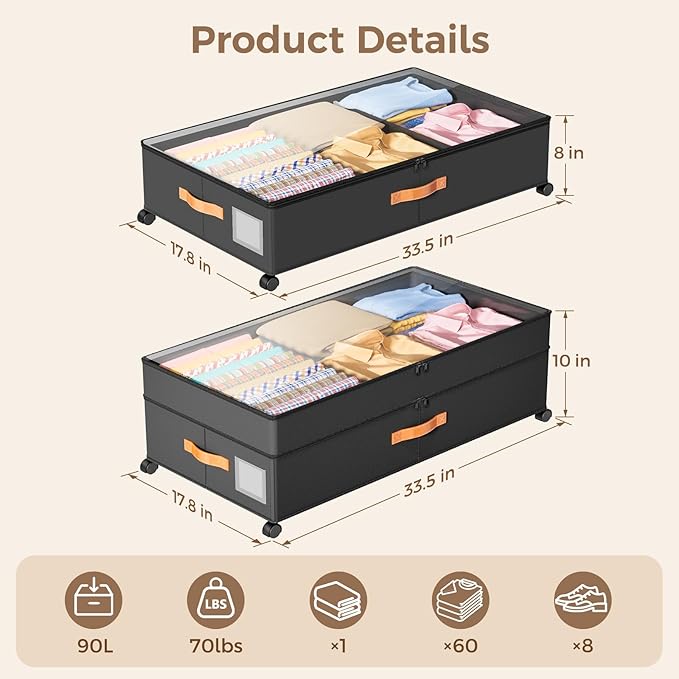 LYCDZT Under Bed Storage with Wheels, Large Capacity UnderBed Containers with Clear Lids, Shoe Organizer Under Bed Drawers, Rolling Under the Bed Storage for Clothes, Shoes, Blankets