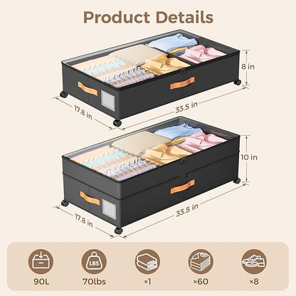 LYCDZT Under Bed Storage with Wheels, Large Capacity UnderBed Containers with Clear Lids, Shoe Organizer Under Bed Drawers, Rolling Under the Bed Storage for Clothes, Shoes, Blankets