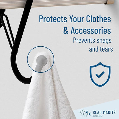 Blau Marité 10-Pack Metal S Hooks for Hanging – Heavy-Duty S-Shaped Hook with Safety Buckle – Fits Bars up to 0.6 in – Anti-Drop Hooks for Kitchen, Pot Racks & Towel Bars – Black (Small)