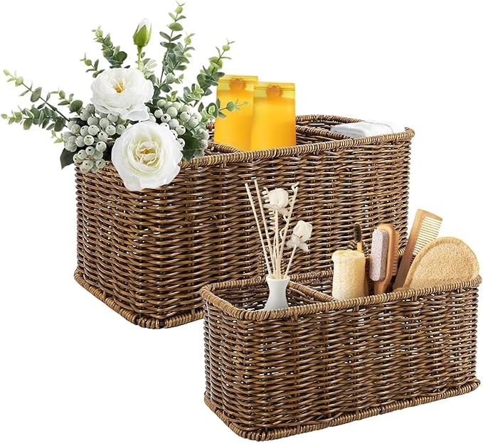 AceList Wall Hanging Basket with Compartment, Woven Hanging Storage Baskets with Hooks - Set of 2, Boho Organizer for Toilet Tank, Bathroom, Kitchen, and Pantry Decor