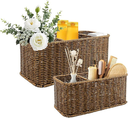 AceList Wall Hanging Basket with Compartment, Woven Hanging Storage Baskets with Hooks - Set of 2, Boho Organizer for Toilet Tank, Bathroom, Kitchen, and Pantry Decor