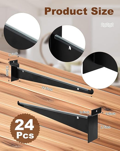MUZIK 12" Black Metal Slatwall Shelf Brackets, Heavy Duty Accessories for Garage Slat Panels Shelving Display (24)