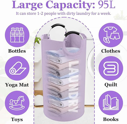 2Pack 95L Purple Collapsible Laundry Basket for Students, Large Laundry Hamper with Handles, Portable Dirty Clothes Hamper, 600D Oxford Fabric Storgae Basket for Bathroom, Dorm