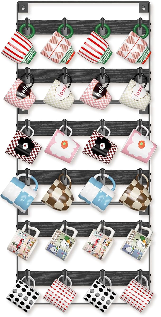 EsLuker.ly Mug Holder Hanger Rack Wall Mounted Wooden 3 Pack Coffee Cup Storage Organizer Display Shelf with 24 Removable Plastic Hooks, Ideal for Mug Collectors, Black