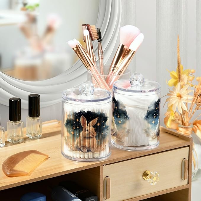 MNSRUU 4 Pack Qtip Holder Organizer Dispenser Animal Rabbit Pink Bathroom Storage Canister Cotton Ball Holder Bathroom Containers for Cotton Swabs/Pads/Floss