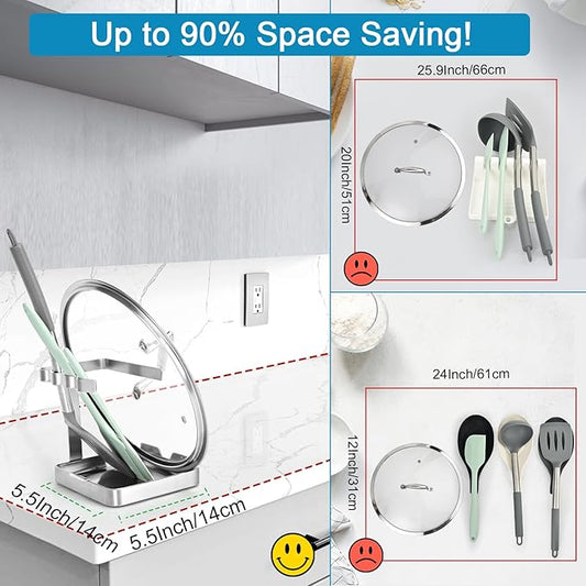 SOLEADER Vertical Spoon Rest and Lid Stand for Stove Top kitchen Utensils Pot Lid Holder and Organizer for Kitchen Counter Foodgrade Stainless Steel with Drip Tray and Handle