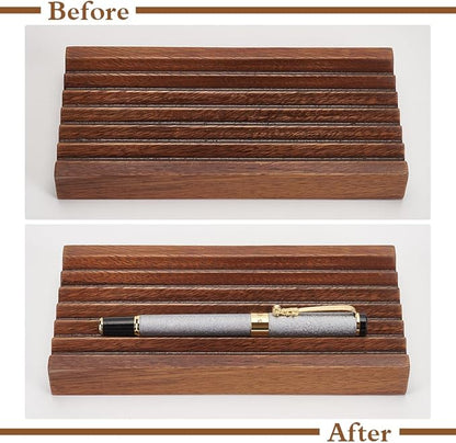 MAYJOYDIY Walnut Horizontal Pen Holder Rectangle Pen Holder Wooden Desk Organizer Pencil Holder with 6 Groove Stylish Vintage Fountain Pen Tray for Home Office Classroom Desktop Accessories
