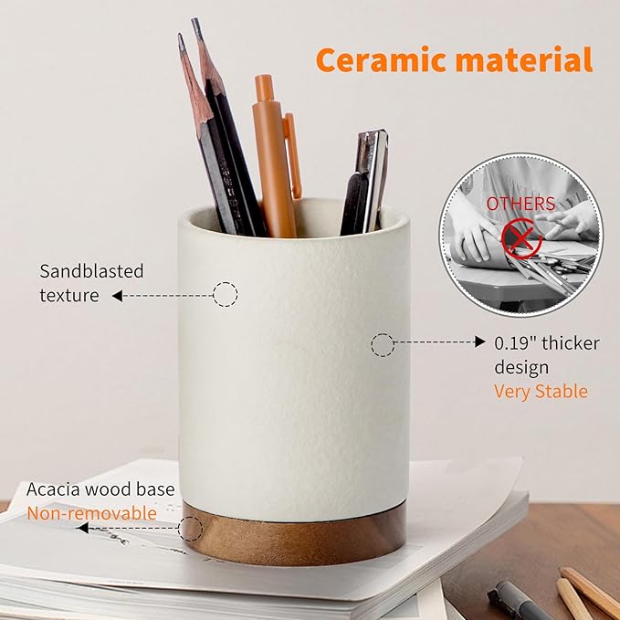 Pen Holder for Desk, Ceramic Pencil Organizer & Makeup Brush Holder, Office Decor and Desk Accessories，Perfect Office Organization,Teacher Supplies (White, Set / 1)