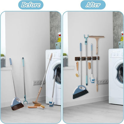 Broom Holder Wall Mount - Heavy Duty Wood Mop and Broom Organizer with 4 Slots & 4 Hooks - Garden Tool Hanger for Laundry Room Closet Kitchen Garage Storage and Organization - Modern Home Decor