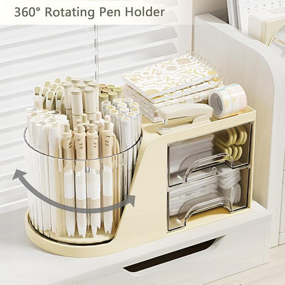 Rotation Pen Holder for Desk Cute Pencil Cup Pot Desktop Organizer and Accessories for Girls Kids Makeup Brush Holder (Beige)