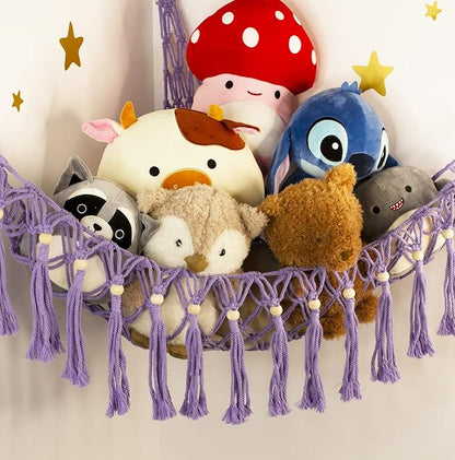 Stuffed Animal Hammock Corner with LED Light - Toy Storage Hammock Plushie Net Organizer - Teddy Bear Stuffy Hammock - Purple Nursery Decor Baby Kids Bedroom Nursery Furniture